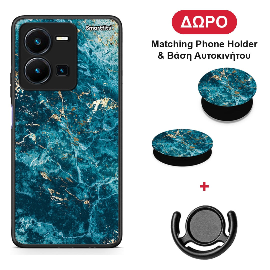 Marble Blue - Vivo Y35 5G θήκη + Δώρο Phone Holder & Βάση Αυτοκινήτου