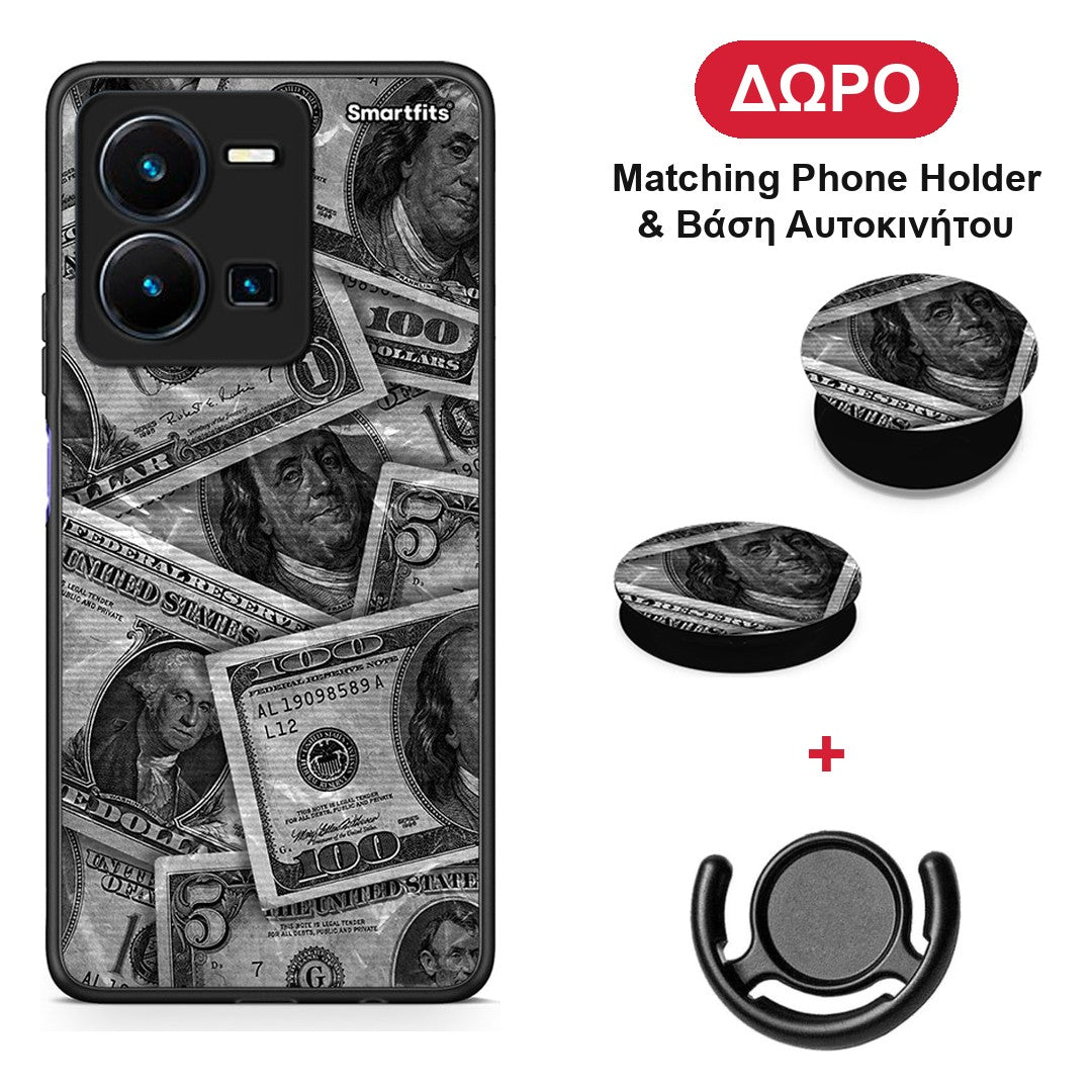 Money Dollars - Vivo Y35 5G θήκη + Δώρο Phone Holder & Βάση Αυτοκινήτου