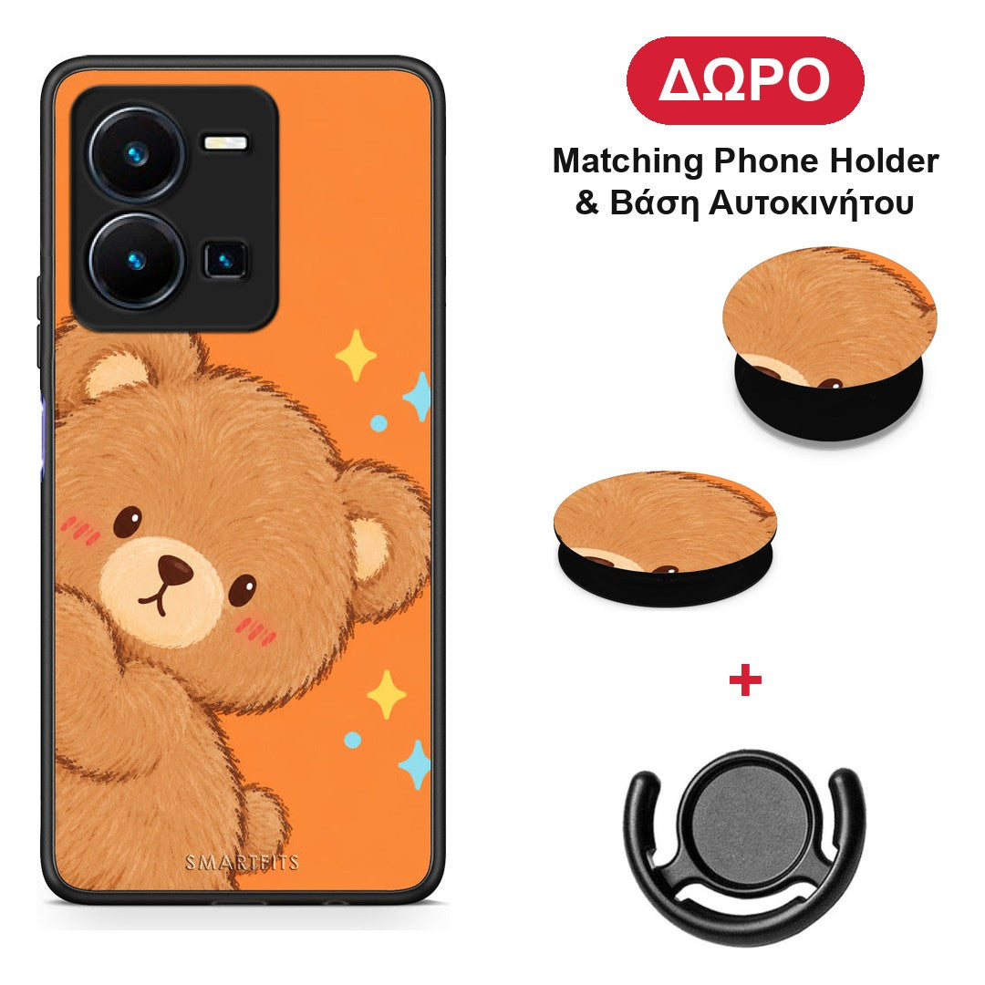 Peekaboo Teddy on Orange - Vivo Y35 5G θήκη + Δώρο Phone Holder & Βάση Αυτοκινήτου