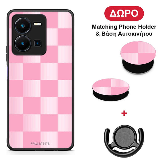 Pink and White Striped Checks - Vivo Y35 5G θήκη + Δώρο Phone Holder & Βάση Αυτοκινήτου