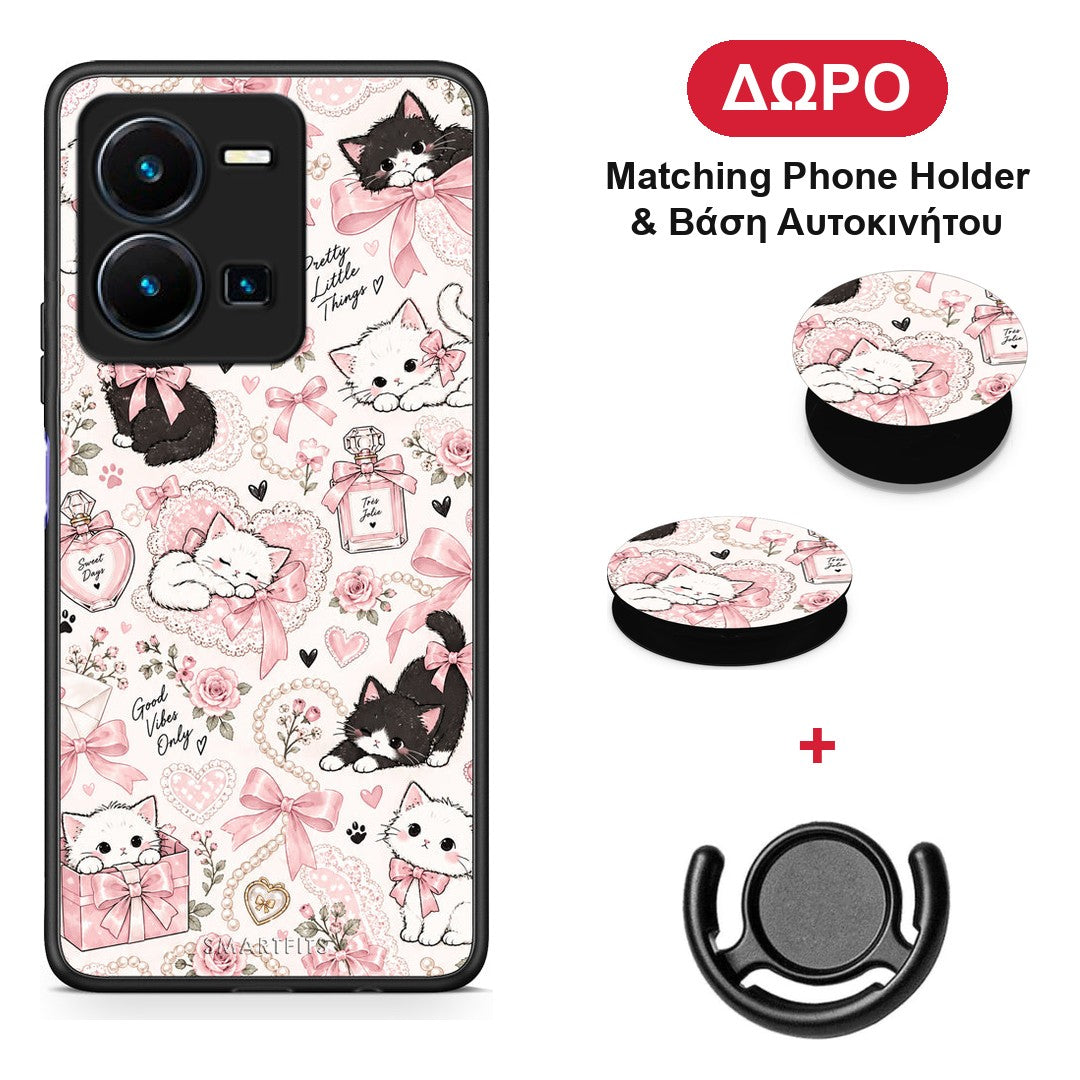 Pink Bows and Kittens Collage - Vivo Y35 5G θήκη + Δώρο Phone Holder & Βάση Αυτοκινήτου