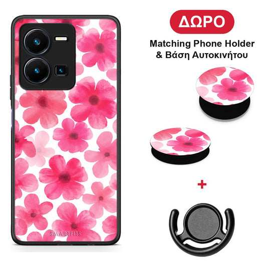 Pink Watercolour Flowers on White - Vivo Y35 5G θήκη + Δώρο Phone Holder & Βάση Αυτοκινήτου