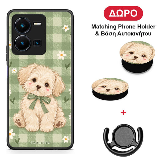 Puppy and Daisies on Sage Gingham - Vivo Y35 5G θήκη + Δώρο Phone Holder & Βάση Αυτοκινήτου