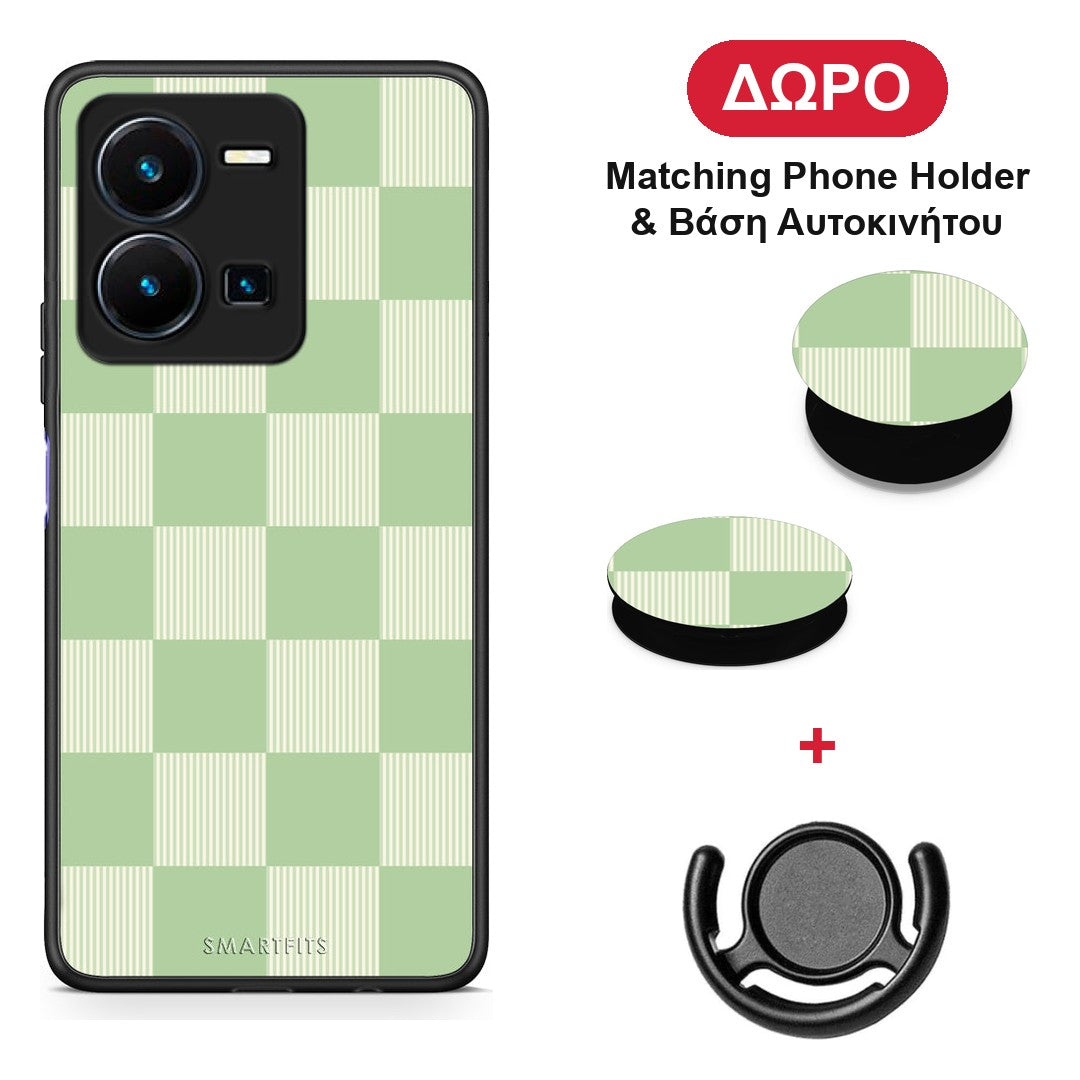 Sage and Cream Striped Checks - Vivo Y35 5G θήκη + Δώρο Phone Holder & Βάση Αυτοκινήτου