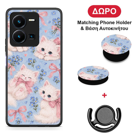 White Kittens and Blue Flowers Large - Vivo Y35 5G θήκη + Δώρο Phone Holder & Βάση Αυτοκινήτου