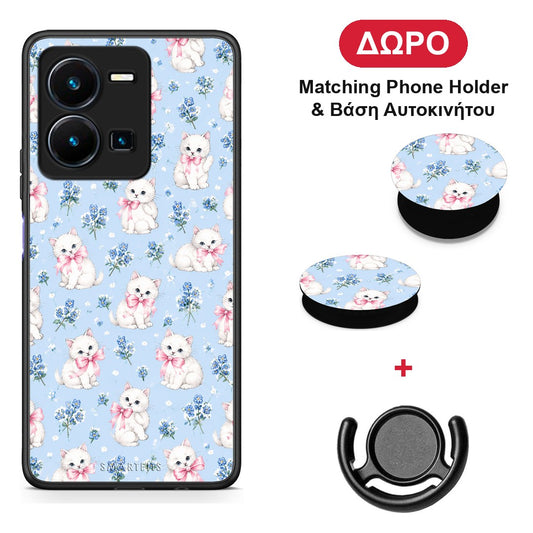 White Kittens and Blue Flowers Small - Vivo Y35 5G θήκη + Δώρο Phone Holder & Βάση Αυτοκινήτου