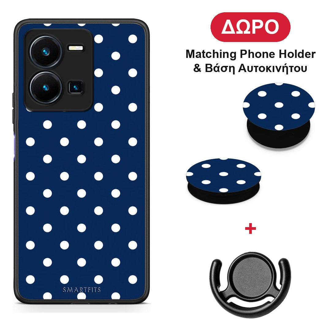 White Small Polka Dots on Navy - Vivo Y35 5G θήκη + Δώρο Phone Holder & Βάση Αυτοκινήτου