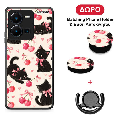 Black Kittens and Cherries on Cream - Vivo Y22s / Y35 4G θήκη + Δώρο Phone Holder & Βάση Αυτοκινήτου