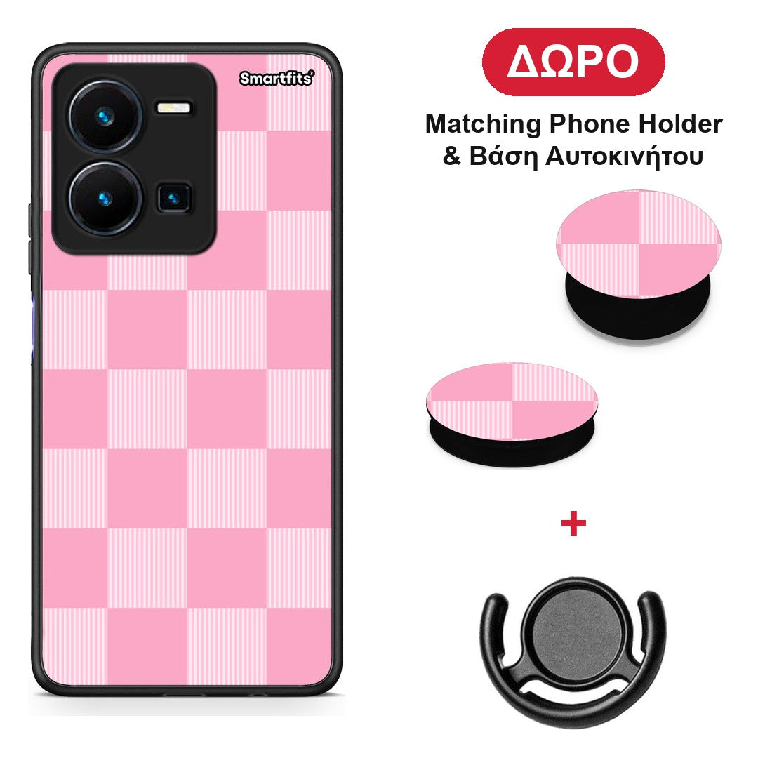 Pink and White Striped Checks - Vivo Y22s / Y35 4G θήκη + Δώρο Phone Holder & Βάση Αυτοκινήτου