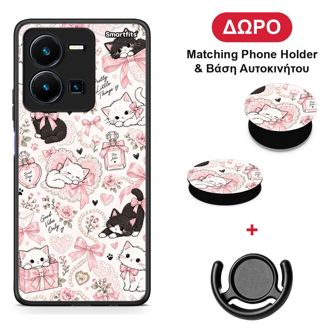 Pink Bows and Kittens Collage - Vivo Y22s / Y35 4G θήκη + Δώρο Phone Holder & Βάση Αυτοκινήτου