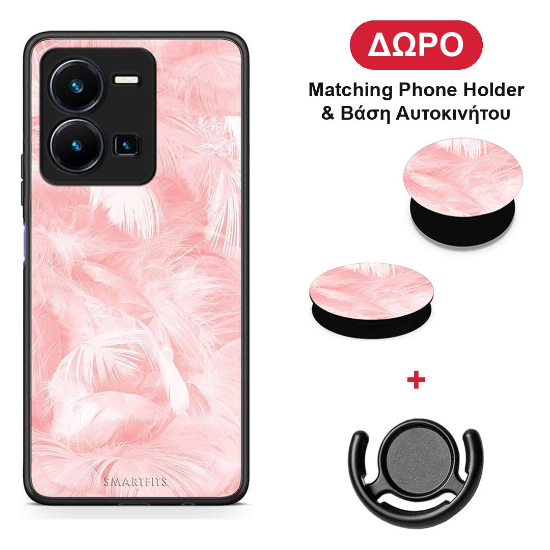 Boho Pink Feather - Vivo Y22s / Y35 4G θήκη + Δώρο Phone Holder & Βάση Αυτοκινήτου