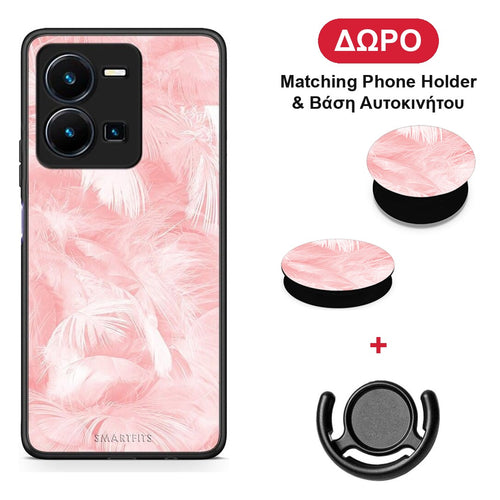 Boho Pink Feather - Vivo Y22s / Y35 4G θήκη + Δώρο Phone Holder & Βάση Αυτοκινήτου