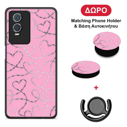 Barbed Wire Hearts on Pink - Vivo Y76 5G / Y76s / Y74s θήκη + Δώρο Phone Holder & Βάση Αυτοκινήτου