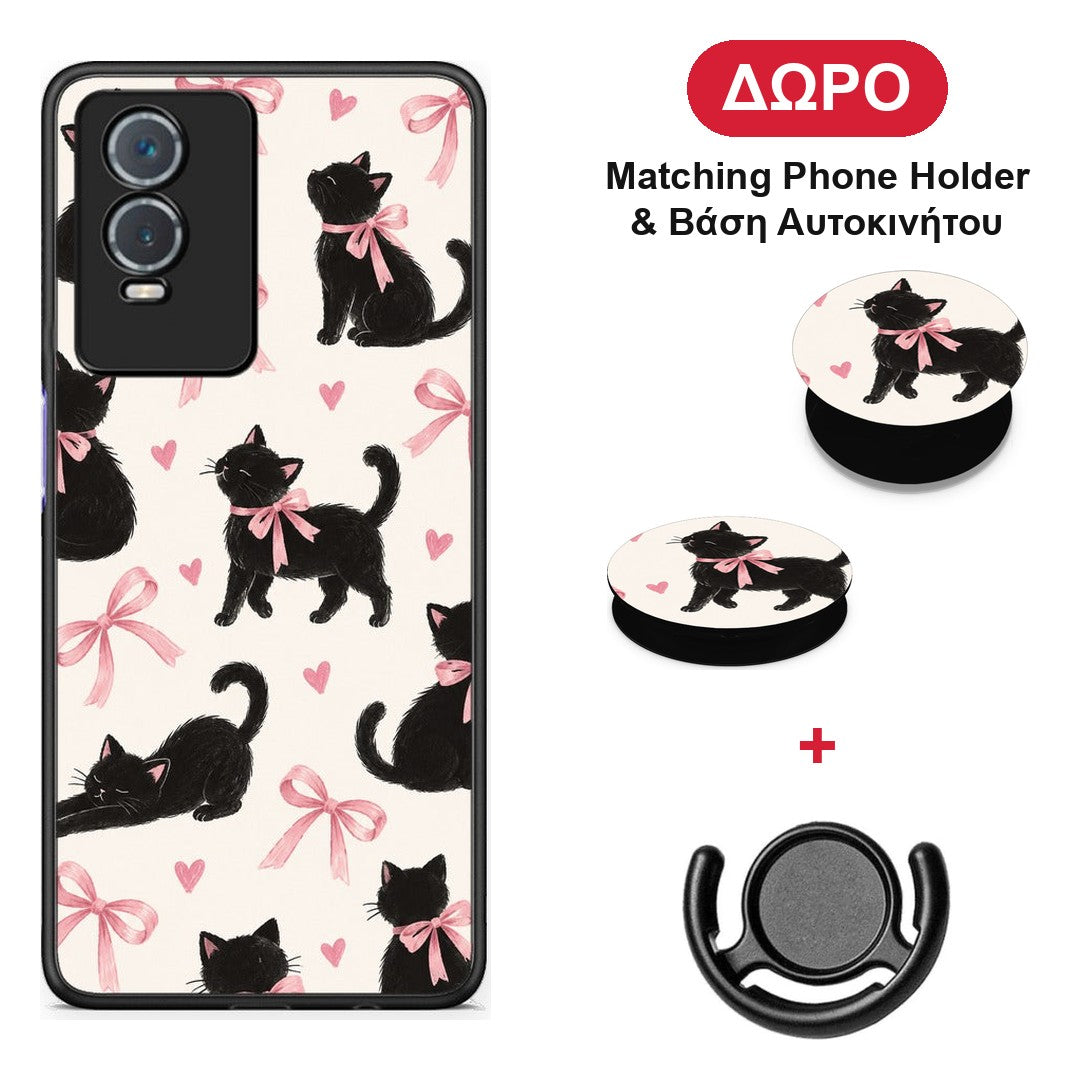 Black Kittens and Pink Bows on Cream Large - Vivo Y76 5G / Y76s / Y74s θήκη + Δώρο Phone Holder & Βάση Αυτοκινήτου