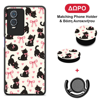 Black Kittens and Pink Bows on Cream Small - Vivo Y76 5G / Y76s / Y74s θήκη + Δώρο Phone Holder & Βάση Αυτοκινήτου