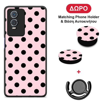 Black Polka Dots on Pink - Vivo Y76 5G / Y76s / Y74s θήκη + Δώρο Phone Holder & Βάση Αυτοκινήτου