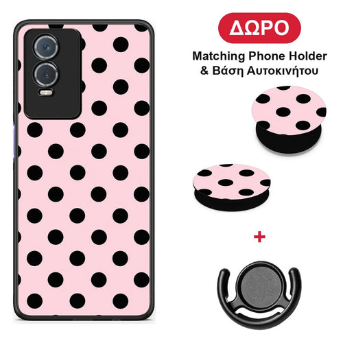 Black Polka Dots on Pink - Vivo Y76 5G / Y76s / Y74s θήκη + Δώρο Phone Holder & Βάση Αυτοκινήτου