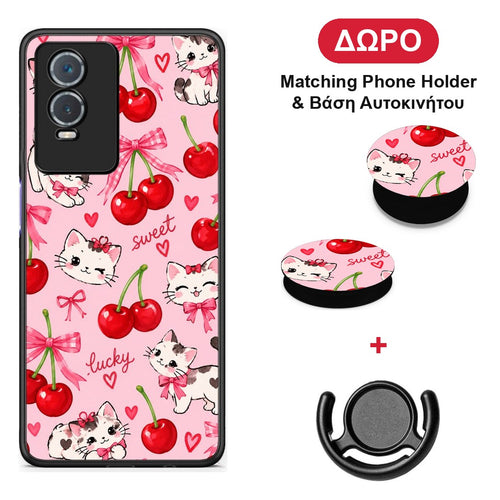 Cherries Bows and Kittens on Pink - Vivo Y76 5G / Y76s / Y74s θήκη + Δώρο Phone Holder & Βάση Αυτοκινήτου