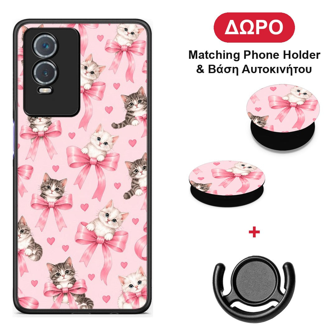 Kittens and Pink Bows on Pink - Vivo Y76 5G / Y76s / Y74s θήκη + Δώρο Phone Holder & Βάση Αυτοκινήτου