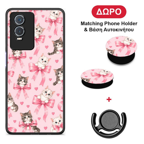 Kittens and Pink Bows on Pink - Vivo Y76 5G / Y76s / Y74s θήκη + Δώρο Phone Holder & Βάση Αυτοκινήτου