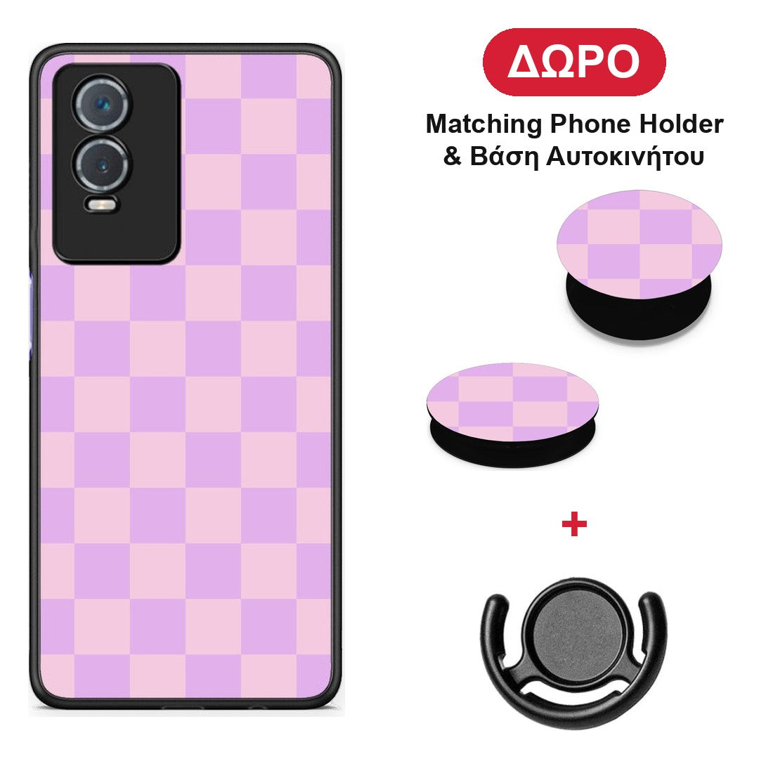 Lavender and Pink Checkerboard - Vivo Y76 5G / Y76s / Y74s θήκη + Δώρο Phone Holder & Βάση Αυτοκινήτου