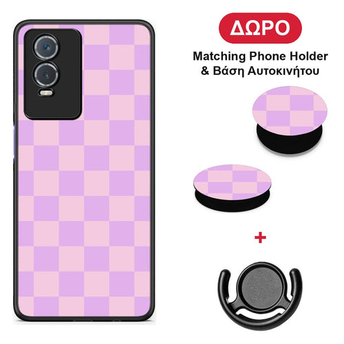 Lavender and Pink Checkerboard - Vivo Y76 5G / Y76s / Y74s θήκη + Δώρο Phone Holder & Βάση Αυτοκινήτου