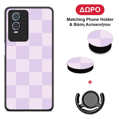 Lilac and Cream Striped Checks - Vivo Y76 5G / Y76s / Y74s θήκη + Δώρο Phone Holder & Βάση Αυτοκινήτου