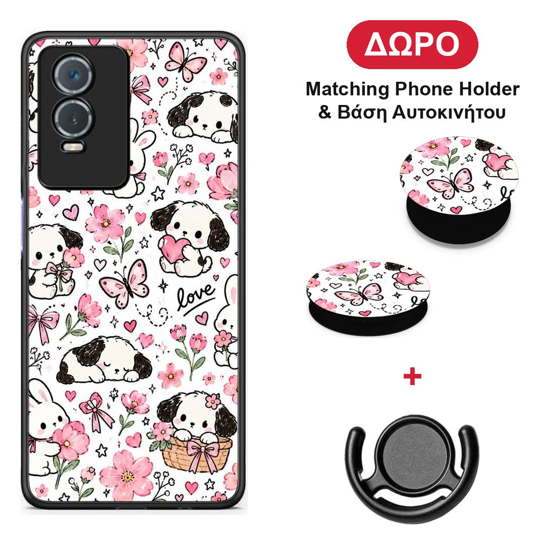 Pink Florals Puppies and Bunnies on White - Vivo Y76 5G / Y76s / Y74s θήκη + Δώρο Phone Holder & Βάση Αυτοκινήτου