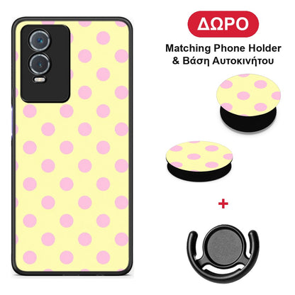Pink Polka Dots on Yellow - Vivo Y76 5G / Y76s / Y74s θήκη + Δώρο Phone Holder & Βάση Αυτοκινήτου