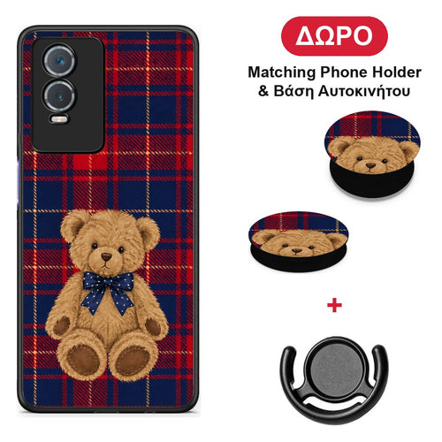 Teddy Bear on Red and Navy Tartan - Vivo Y76 5G / Y76s / Y74s θήκη + Δώρο Phone Holder & Βάση Αυτοκινήτου
