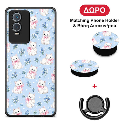 White Kittens and Blue Flowers Small - Vivo Y76 5G / Y76s / Y74s θήκη + Δώρο Phone Holder & Βάση Αυτοκινήτου