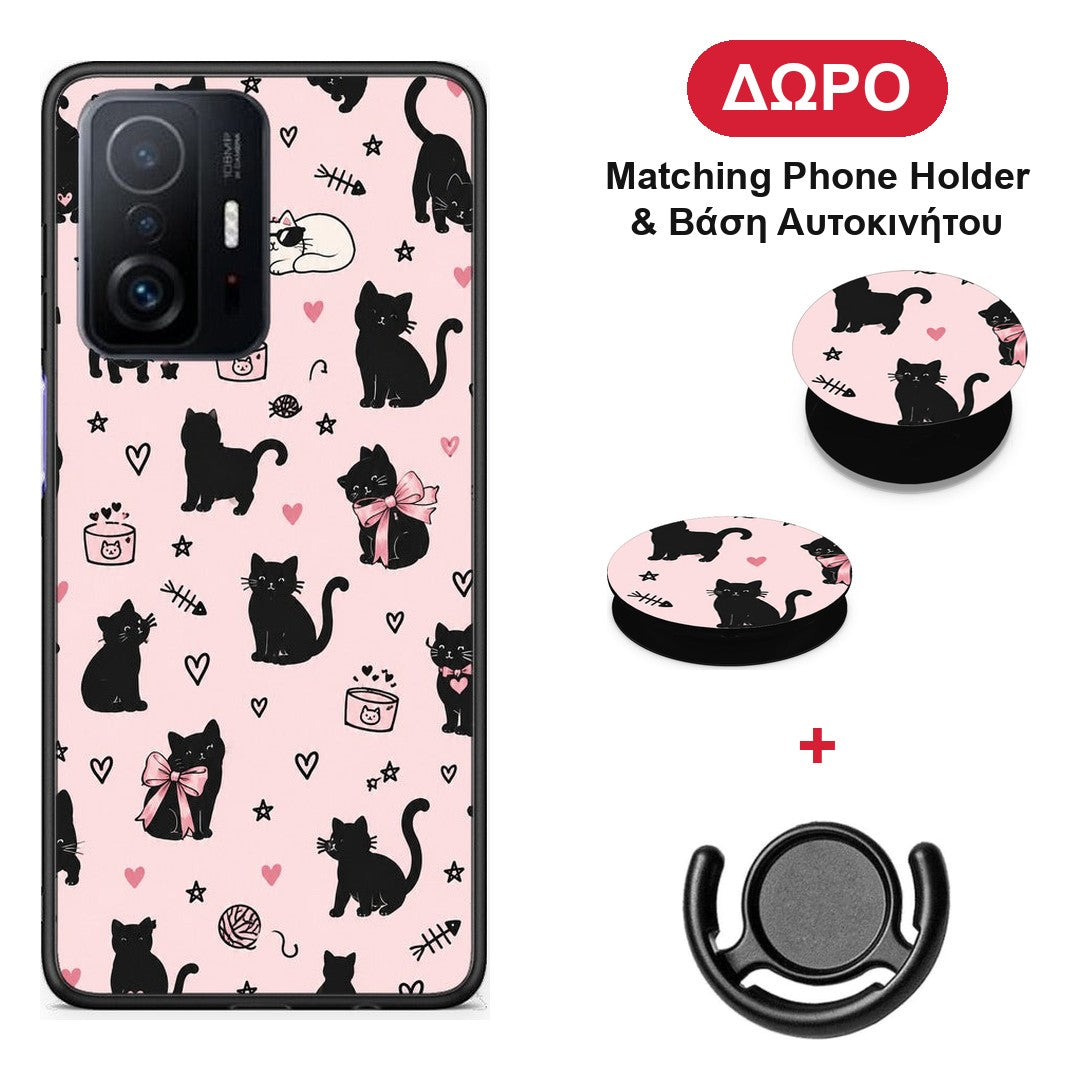 Black Cat Doodles on Pink - Xiaomi 11T / 11T Pro θήκη + Δώρο Phone Holder & Βάση Αυτοκινήτου