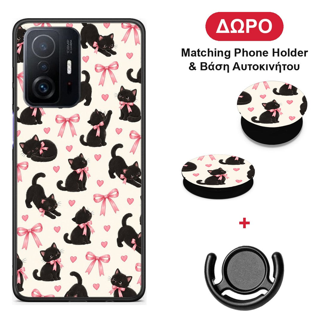 Black Kittens and Pink Bows on Cream Small - Xiaomi 11T / 11T Pro θήκη + Δώρο Phone Holder & Βάση Αυτοκινήτου