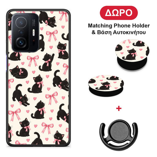 Black Kittens and Pink Bows on Cream Small - Xiaomi 11T / 11T Pro θήκη + Δώρο Phone Holder & Βάση Αυτοκινήτου