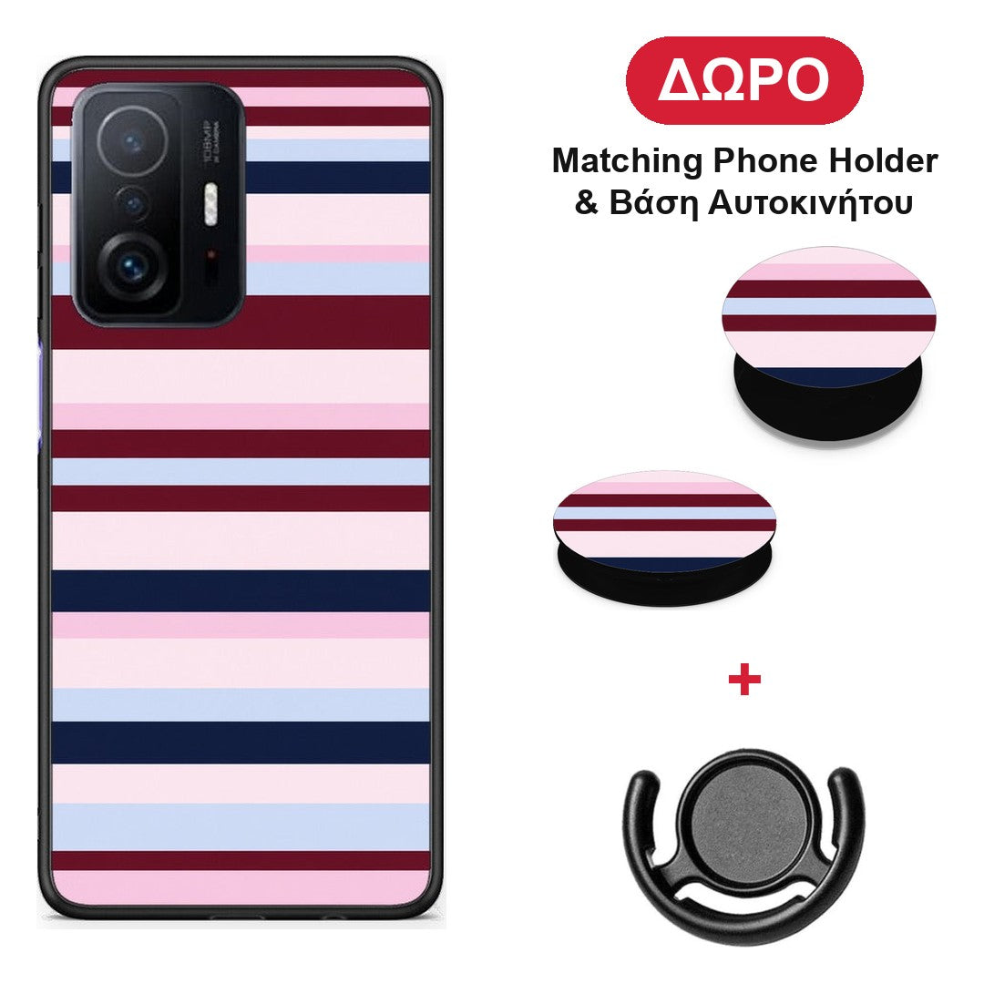 Burgundy Pink and Blue Horizontal Stripes - Xiaomi 11T / 11T Pro θήκη + Δώρο Phone Holder & Βάση Αυτοκινήτου