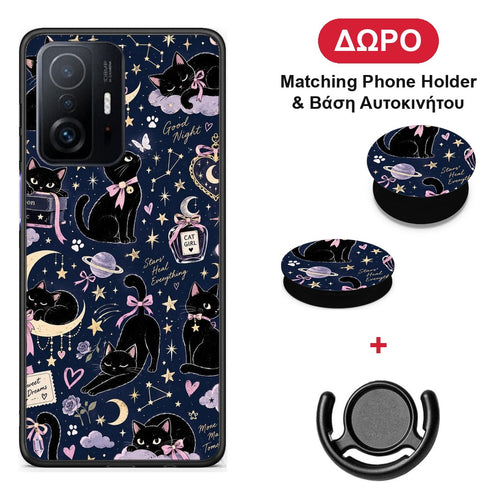 Celestial Black Cats on Navy - Xiaomi 11T / 11T Pro θήκη + Δώρο Phone Holder & Βάση Αυτοκινήτου