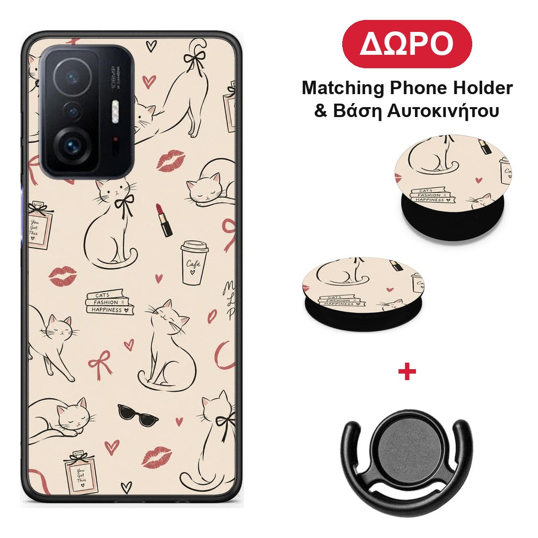 Minimal Cat and Fashion Doodles on Cream - Xiaomi 11T / 11T Pro θήκη + Δώρο Phone Holder & Βάση Αυτοκινήτου