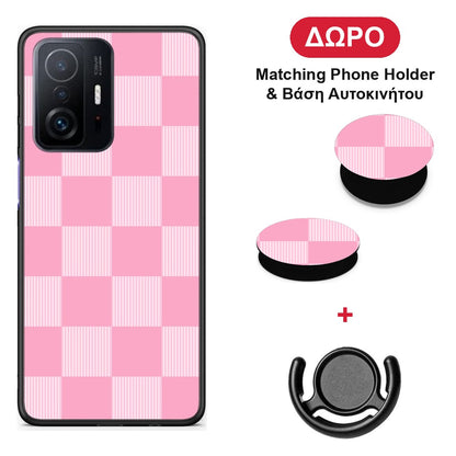 Pink and White Striped Checks - Xiaomi 11T / 11T Pro θήκη + Δώρο Phone Holder & Βάση Αυτοκινήτου