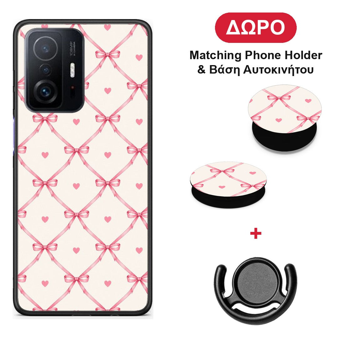 Pink Bow Lattice and Hearts on Cream - Xiaomi 11T / 11T Pro θήκη + Δώρο Phone Holder & Βάση Αυτοκινήτου