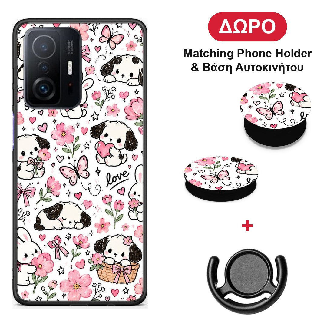 Pink Florals Puppies and Bunnies on White - Xiaomi 11T / 11T Pro θήκη + Δώρο Phone Holder & Βάση Αυτοκινήτου
