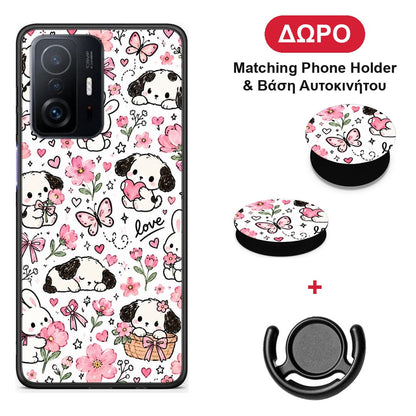 Pink Florals Puppies and Bunnies on White - Xiaomi 11T / 11T Pro θήκη + Δώρο Phone Holder & Βάση Αυτοκινήτου