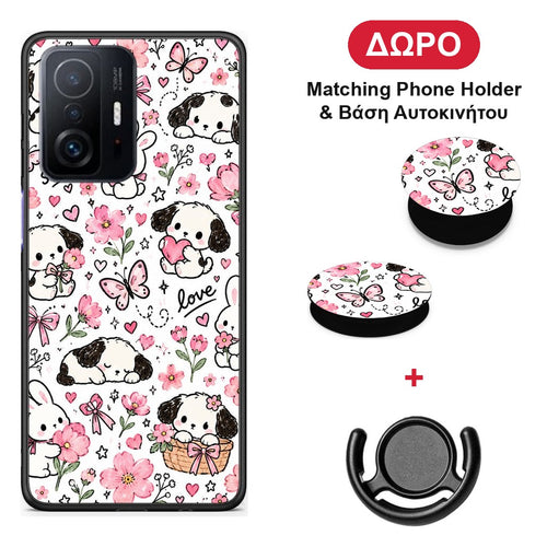 Pink Florals Puppies and Bunnies on White - Xiaomi 11T / 11T Pro θήκη + Δώρο Phone Holder & Βάση Αυτοκινήτου