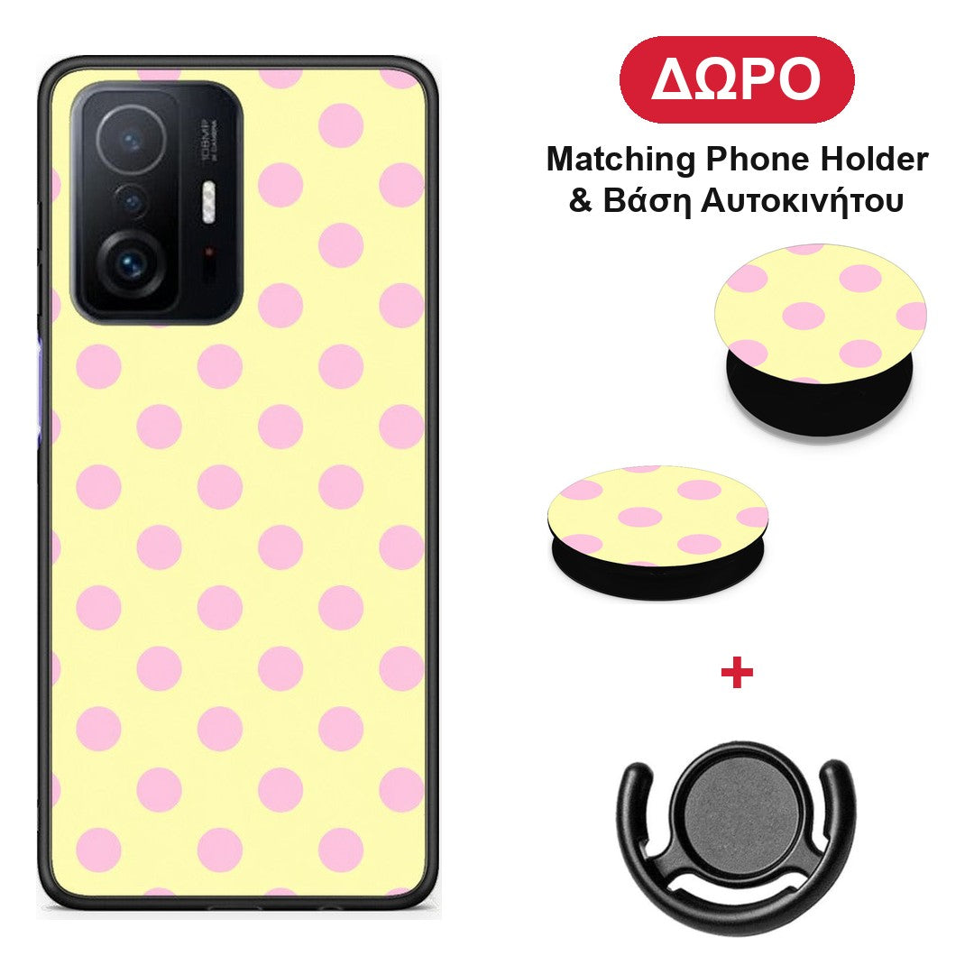 Pink Polka Dots on Yellow - Xiaomi 11T / 11T Pro θήκη + Δώρο Phone Holder & Βάση Αυτοκινήτου