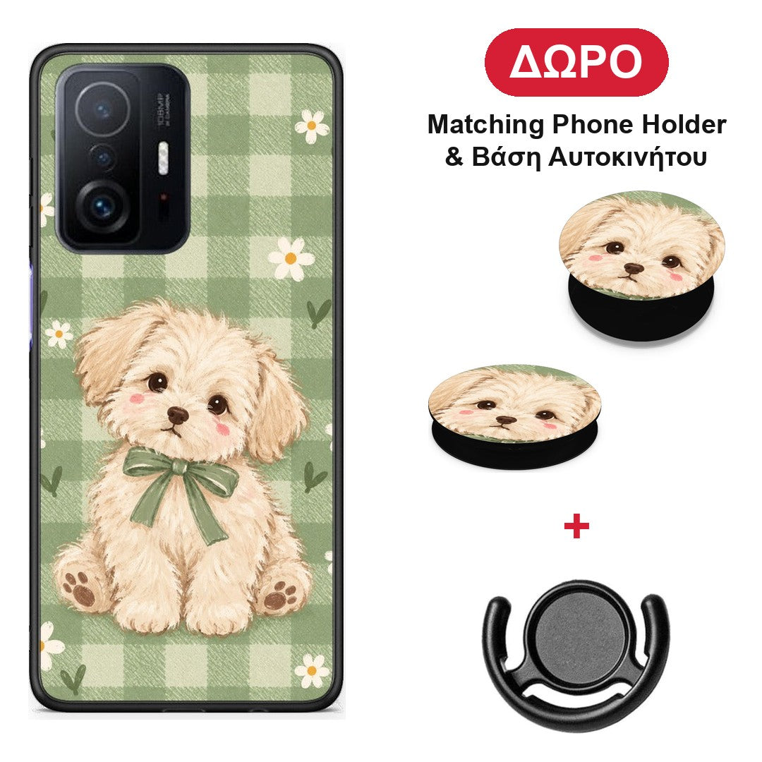 Puppy and Daisies on Sage Gingham - Xiaomi 11T / 11T Pro θήκη + Δώρο Phone Holder & Βάση Αυτοκινήτου