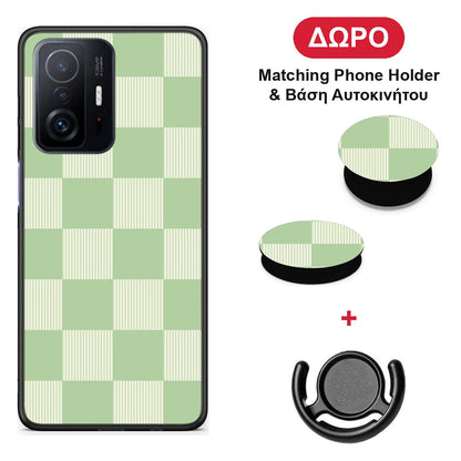 Sage and Cream Striped Checks - Xiaomi 11T / 11T Pro θήκη + Δώρο Phone Holder & Βάση Αυτοκινήτου