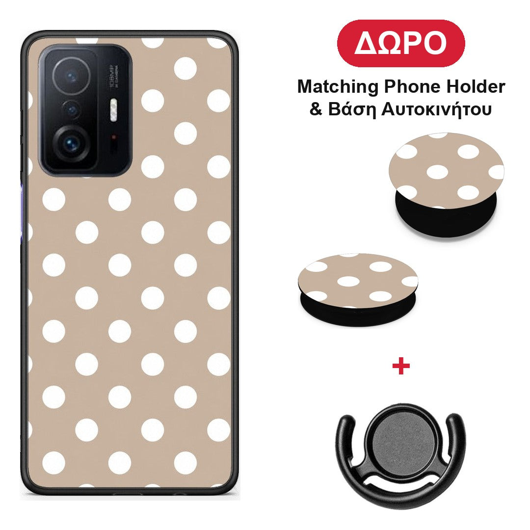 White Polka Dots on Taupe - Xiaomi 11T / 11T Pro θήκη + Δώρο Phone Holder & Βάση Αυτοκινήτου