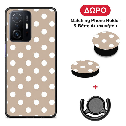 White Polka Dots on Taupe - Xiaomi 11T / 11T Pro θήκη + Δώρο Phone Holder & Βάση Αυτοκινήτου