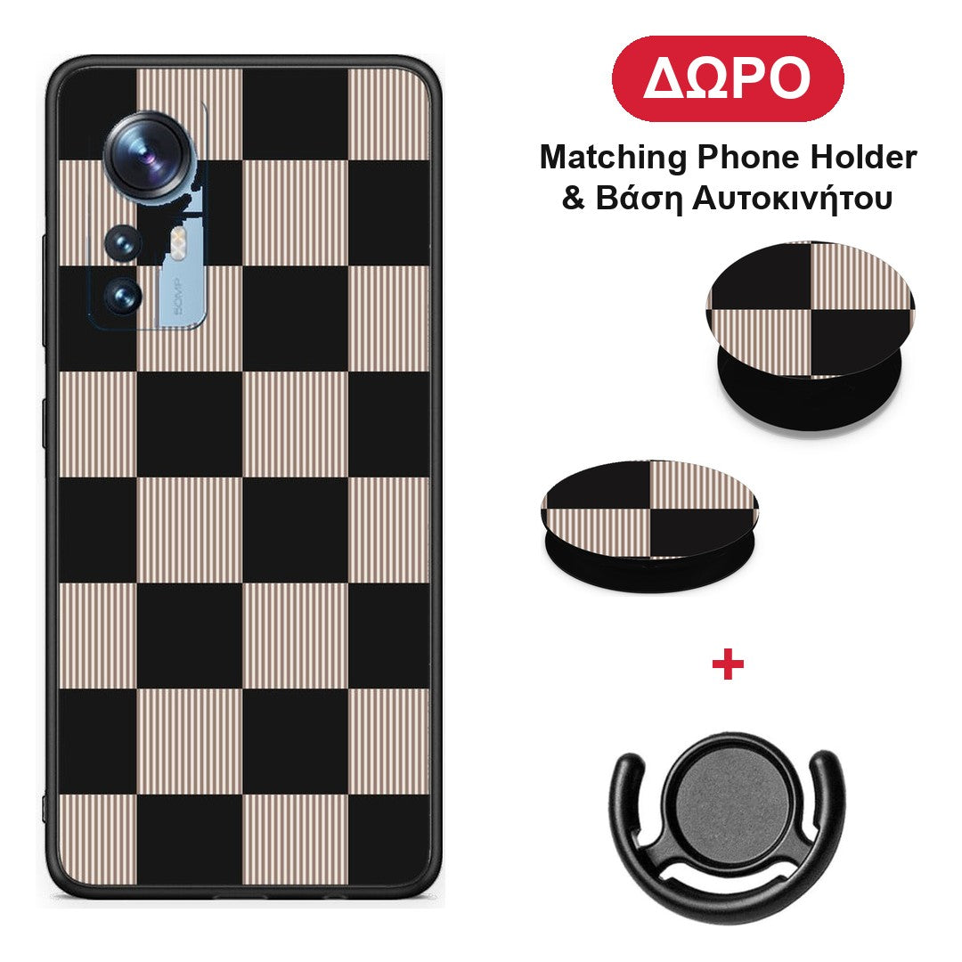 Black and Taupe Striped Checks - Xiaomi 12 / 12X 5G θήκη + Δώρο Phone Holder & Βάση Αυτοκινήτου