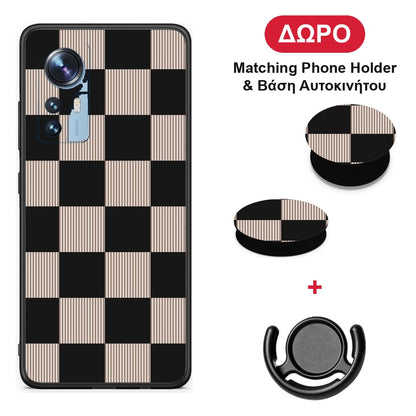Black and Taupe Striped Checks - Xiaomi 12 / 12X 5G θήκη + Δώρο Phone Holder & Βάση Αυτοκινήτου