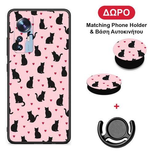 Black Cat Silhouettes and Hearts on Pink - Xiaomi 12 / 12X 5G θήκη + Δώρο Phone Holder & Βάση Αυτοκινήτου